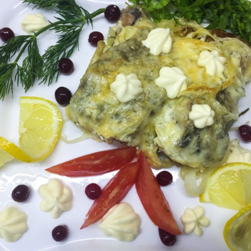 baked crucian with sour cream and cheese