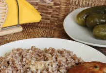 Minced chicken cutlets with buckwheat in a pan